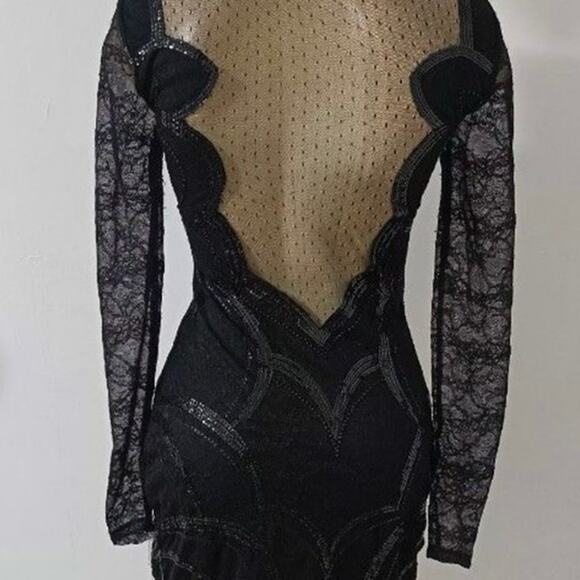Express sexy black sequin sheer lace long sleeve dress sz2 backless dress NWOT - Picture 2 of 12